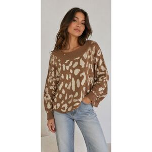 Aakaa Chunky Knit Cream Beige Animal Print‎ Sz S Boat Neck Dolman Sleeve Sweater